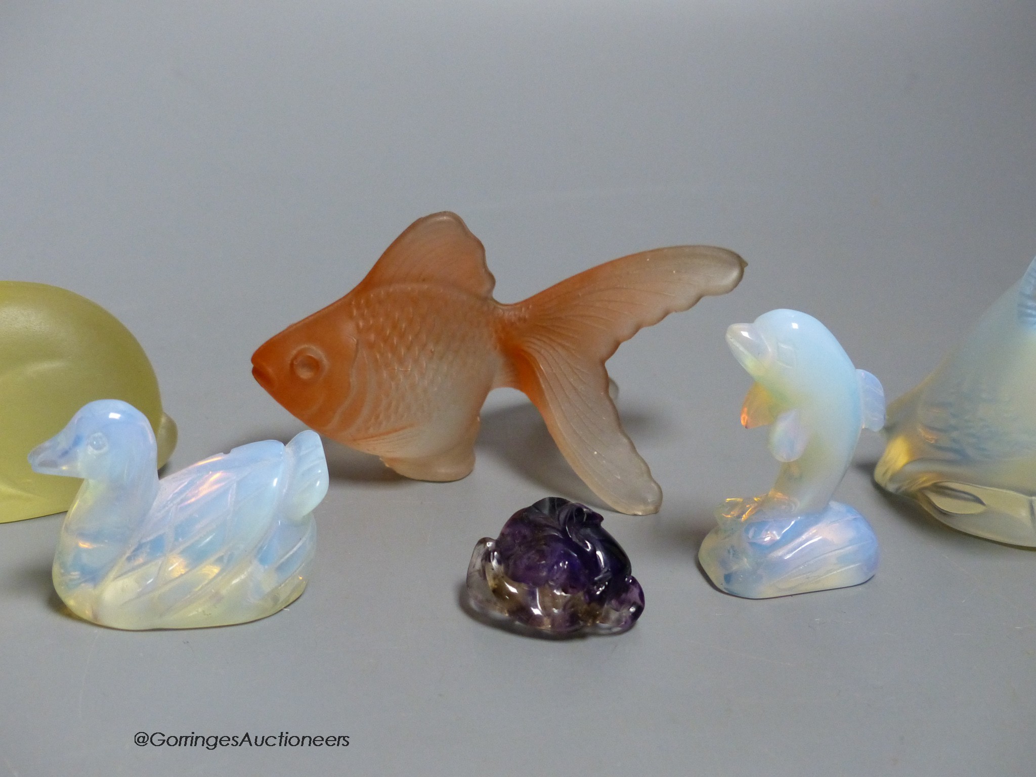 A Lalique owl, 6cm, and other miniature glass ornaments